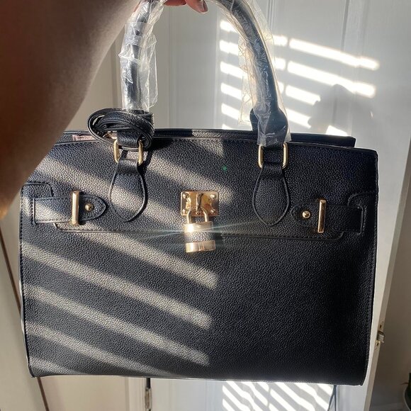 Neiman Marcus Dasein Women Black Vegan Leather Lock Style Top Handle Bag - Picture 1 of 4